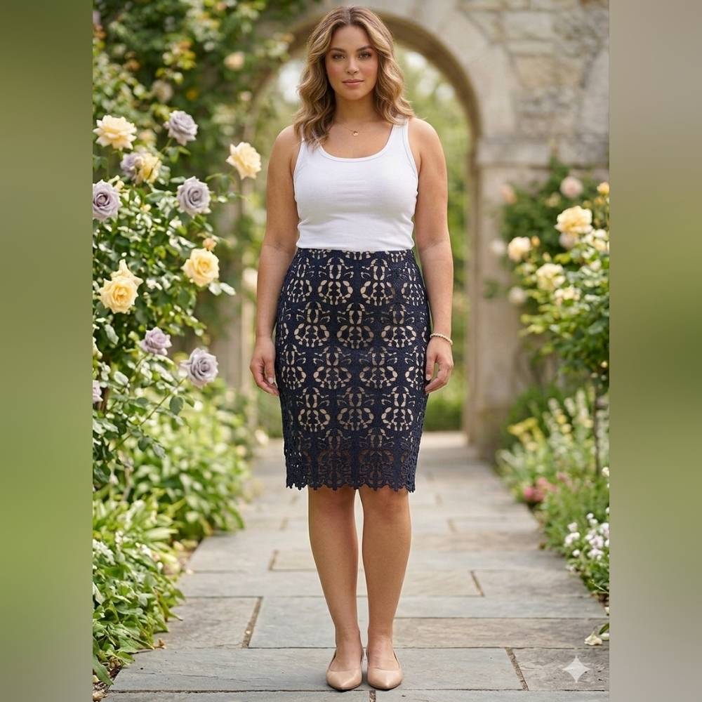Banana Republic Navy Blue Geometric Lace Pencil Skirt - Size 12 - Side Zip
